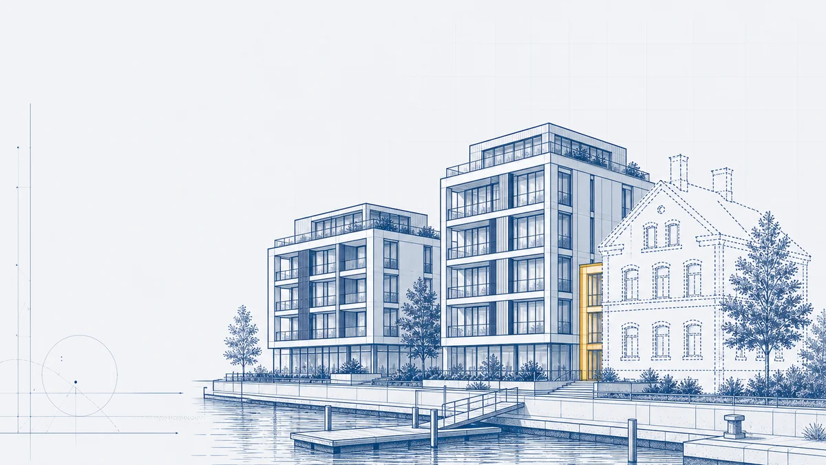 Blueprint-Vektorszene am Wasser: Hafenkante mit Neubau-Ensemble und Altbau — Symbol für QNG-Begleitung