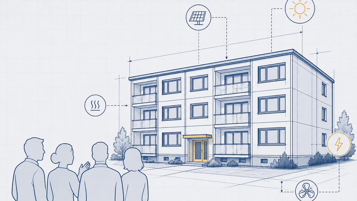 Mehrfamilienhaus-Zeile der frühen 1970er in Delmenhorst — Blueprint-Illustration mit Sanierungsebenen